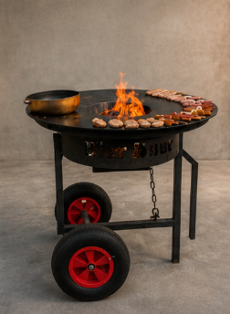 Houtgestookte vuurschaal-barbecue met vlammen